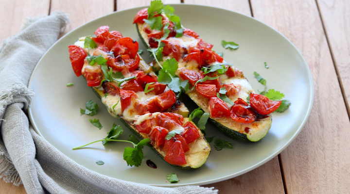 Roasted Zucchinis with Haloumi & Tomato Low FODMAP Recipe | Monash FODMAP - Monash Fodmap