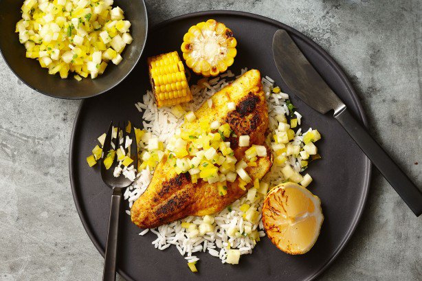 Spiced snapper with barbecued corn and pineapple salsa