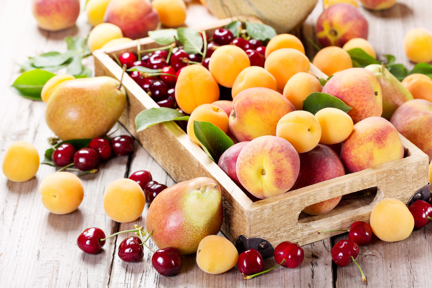 A wooden crate overflowing with ripe yellow apricots, blush peaches, and dark red cherries, surrounded by extra fruit, pears, and green leaves on a light wooden tabletop.