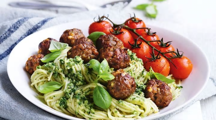 Beef & Fetta Meatballs with Kale Pesto Pasta - Monash Fodmap